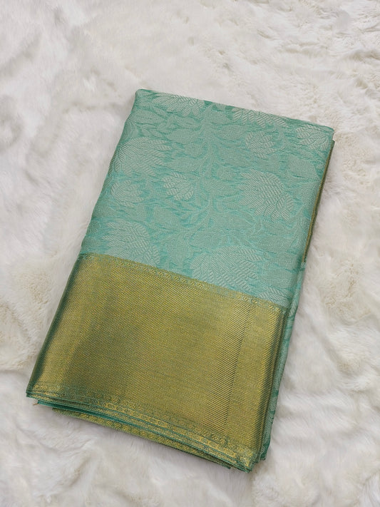 Sea Green Soft Silk Kanjivaram Style Saree with Rich Gold Zari Border