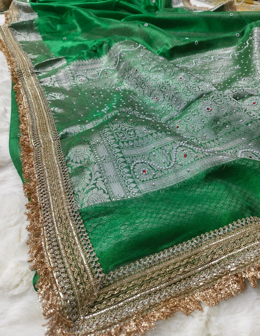 Jewel Green Motif Handwork Saree with Premium Lace Border