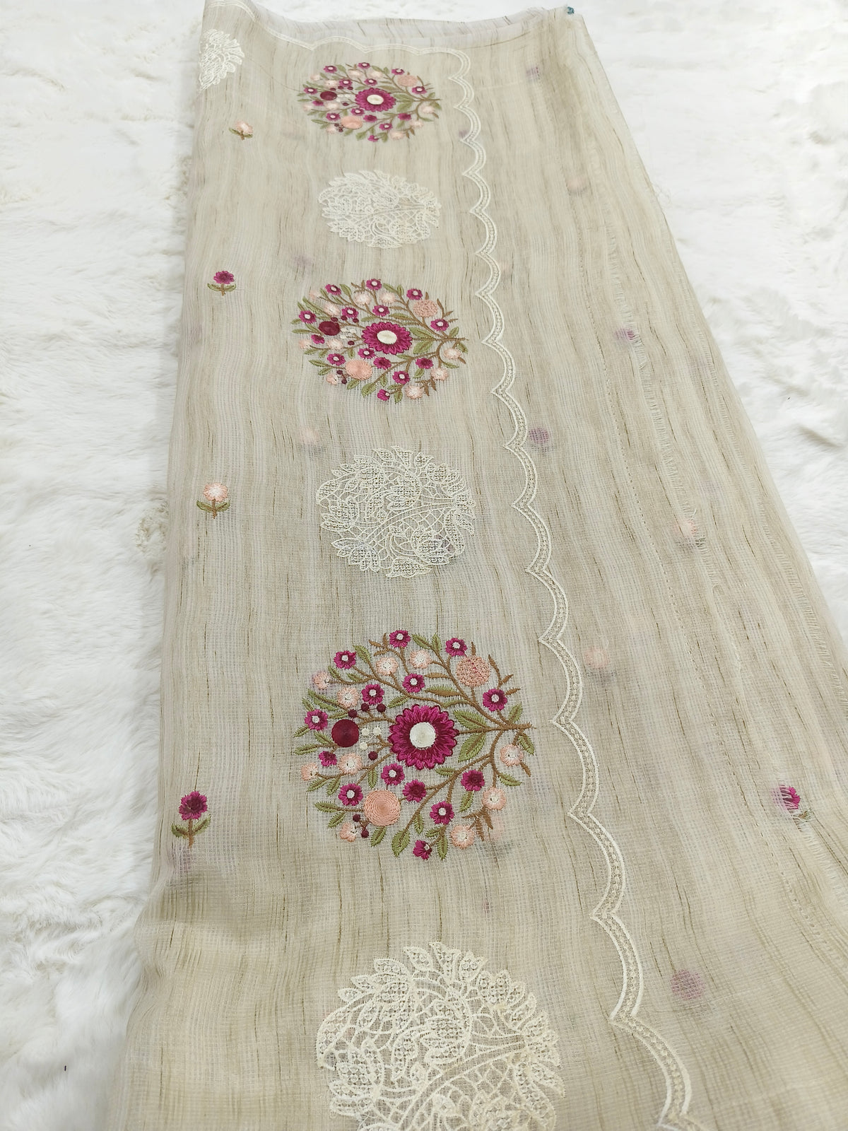 Ivory Rose Jute Kota Silk Saree with Handcrafted Floral Embroidery