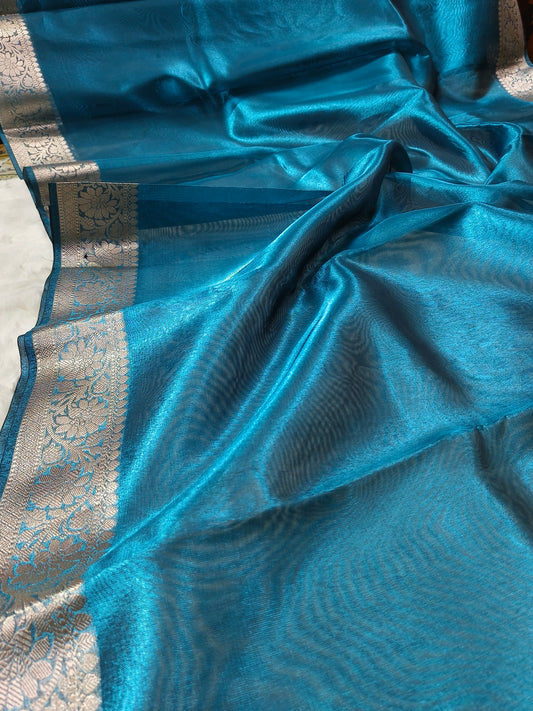 Dual-Tone Peacock Teal Tissue Saree with Floral Zari Border