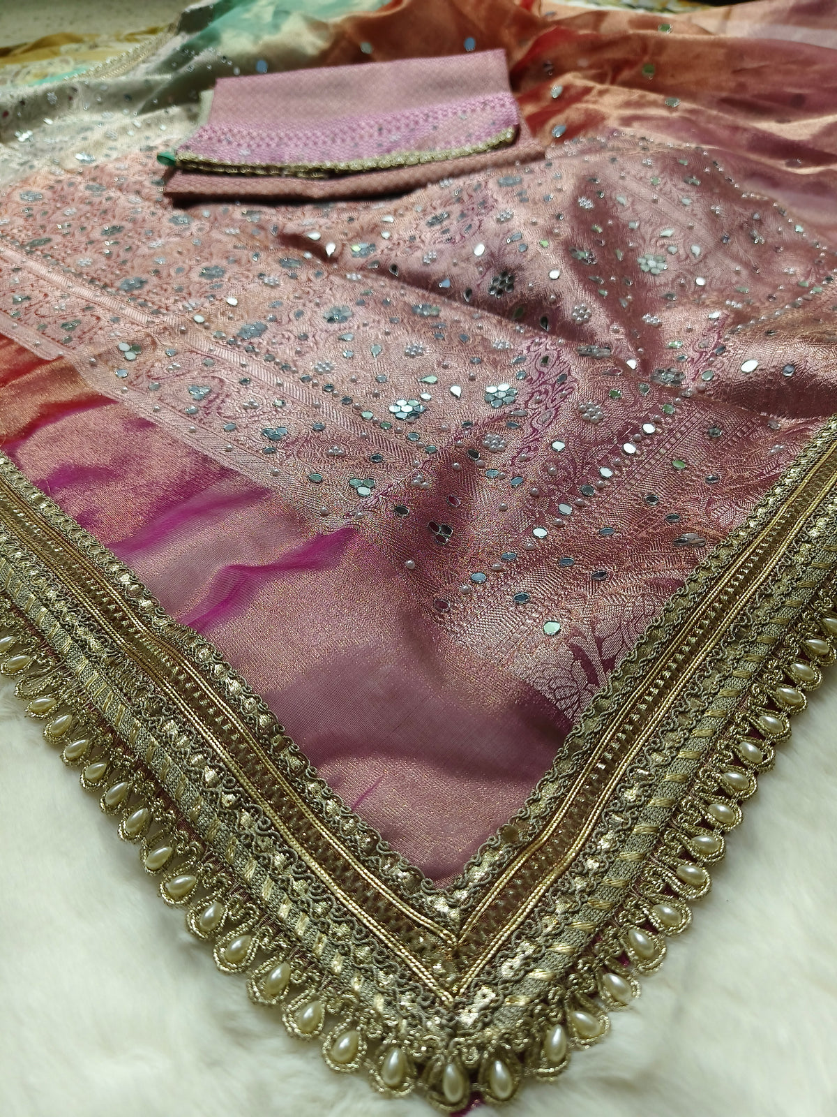 HMS Exclusive Multi-Shaded 3D Tissue Mirror Work Banarasi Saree