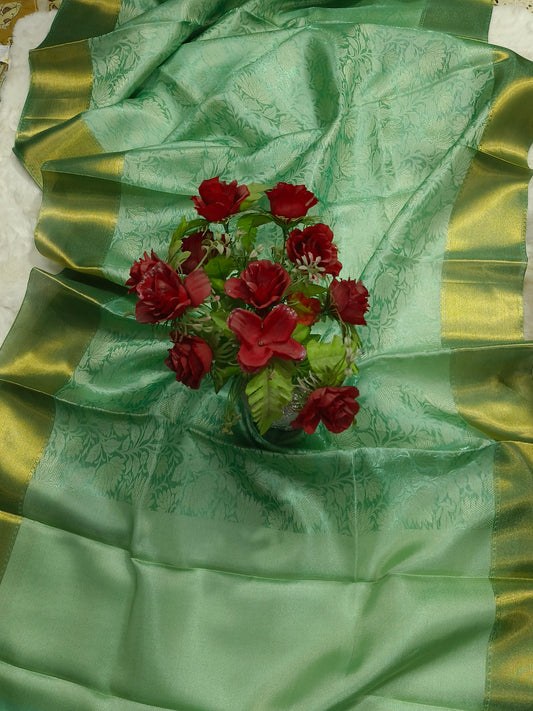 Sea Green Soft Silk Kanjivaram Style Saree with Rich Gold Zari Border