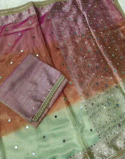 HMS Exclusive Multi-Shaded 3D Tissue Mirror Work Banarasi Saree