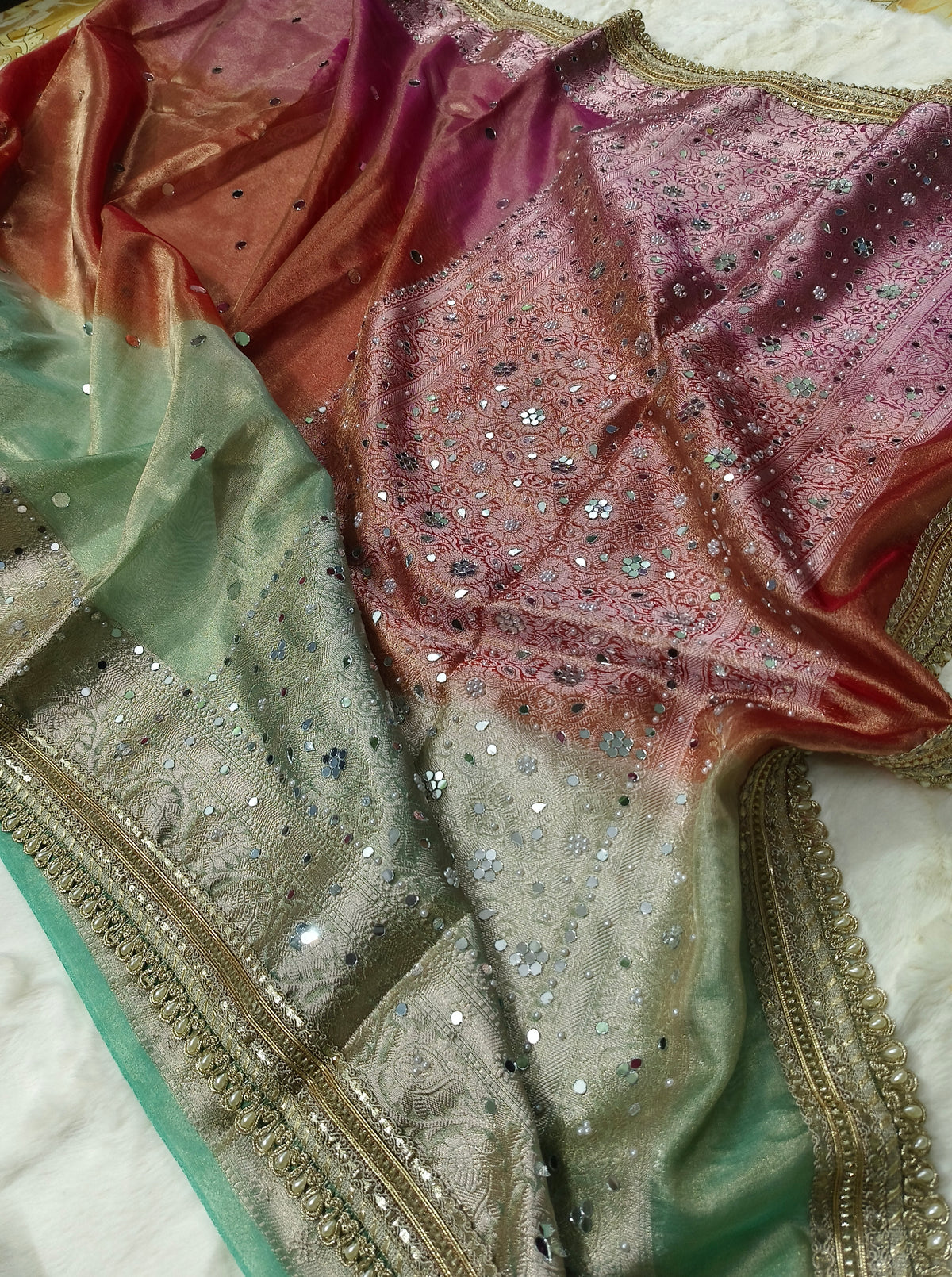 HMS Exclusive Multi-Shaded 3D Tissue Mirror Work Banarasi Saree