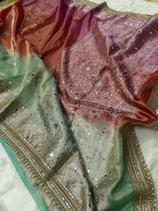 HMS Exclusive Multi-Shaded 3D Tissue Mirror Work Banarasi Saree