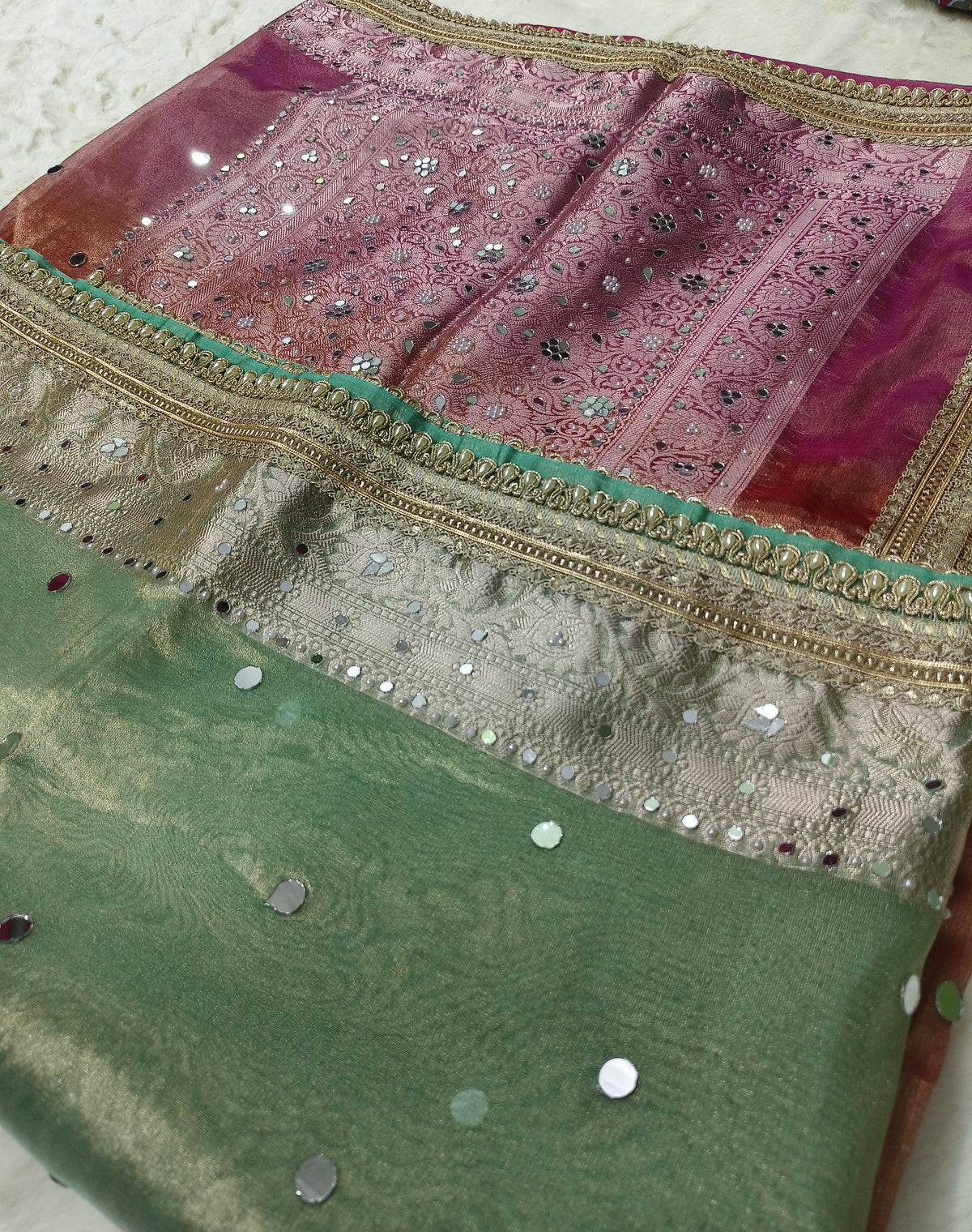 HMS Exclusive Multi-Shaded 3D Tissue Mirror Work Banarasi Saree