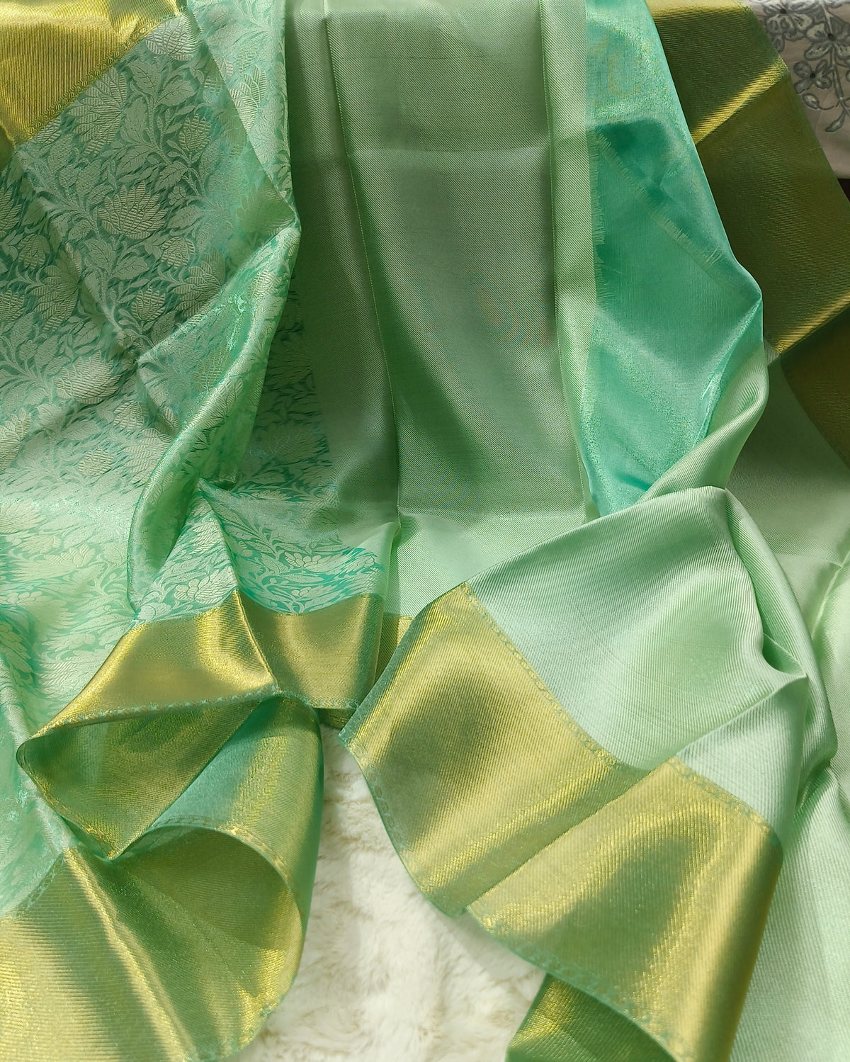 Sea Green Soft Silk Kanjivaram Style Saree with Rich Gold Zari Border