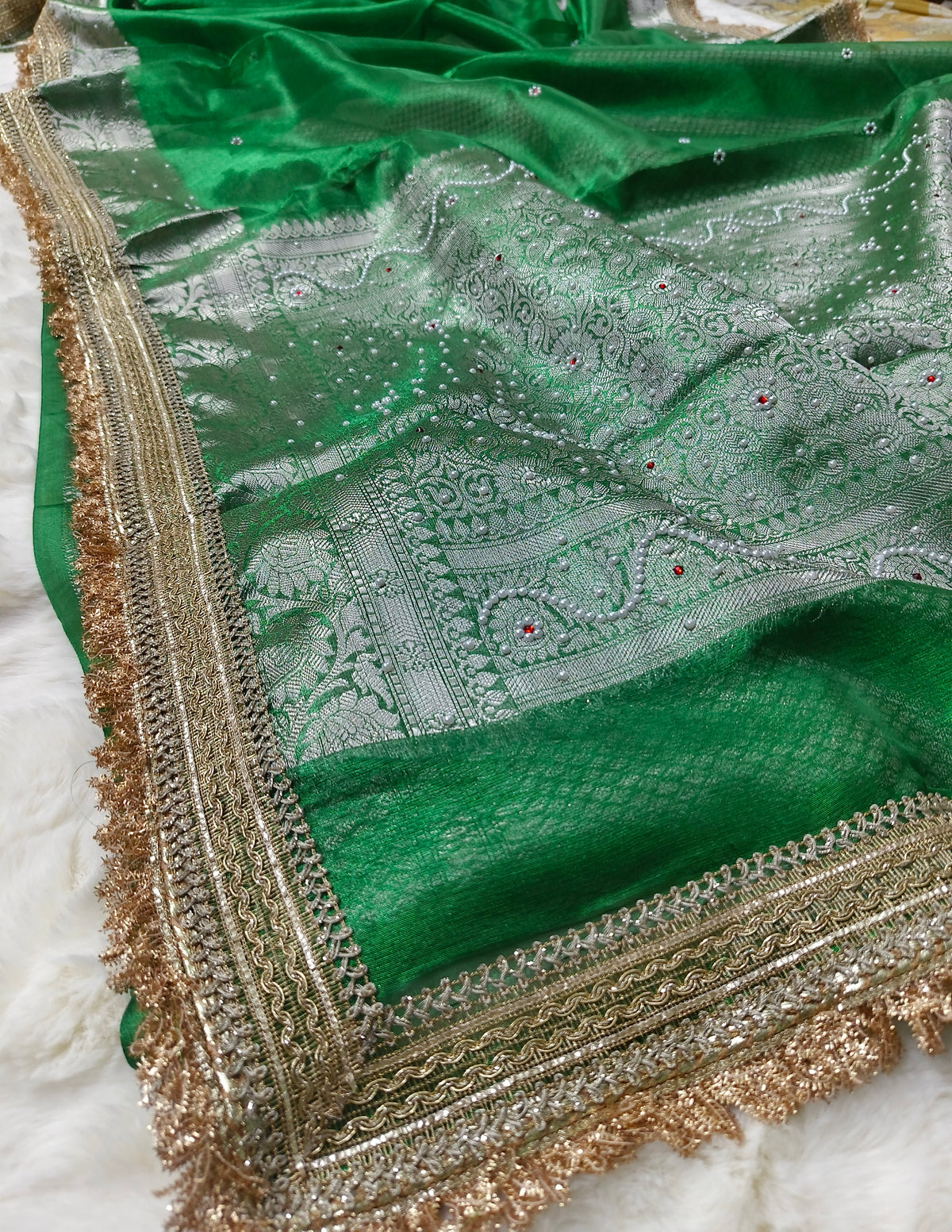 Jewel Green Motif Handwork Saree with Premium Lace Border