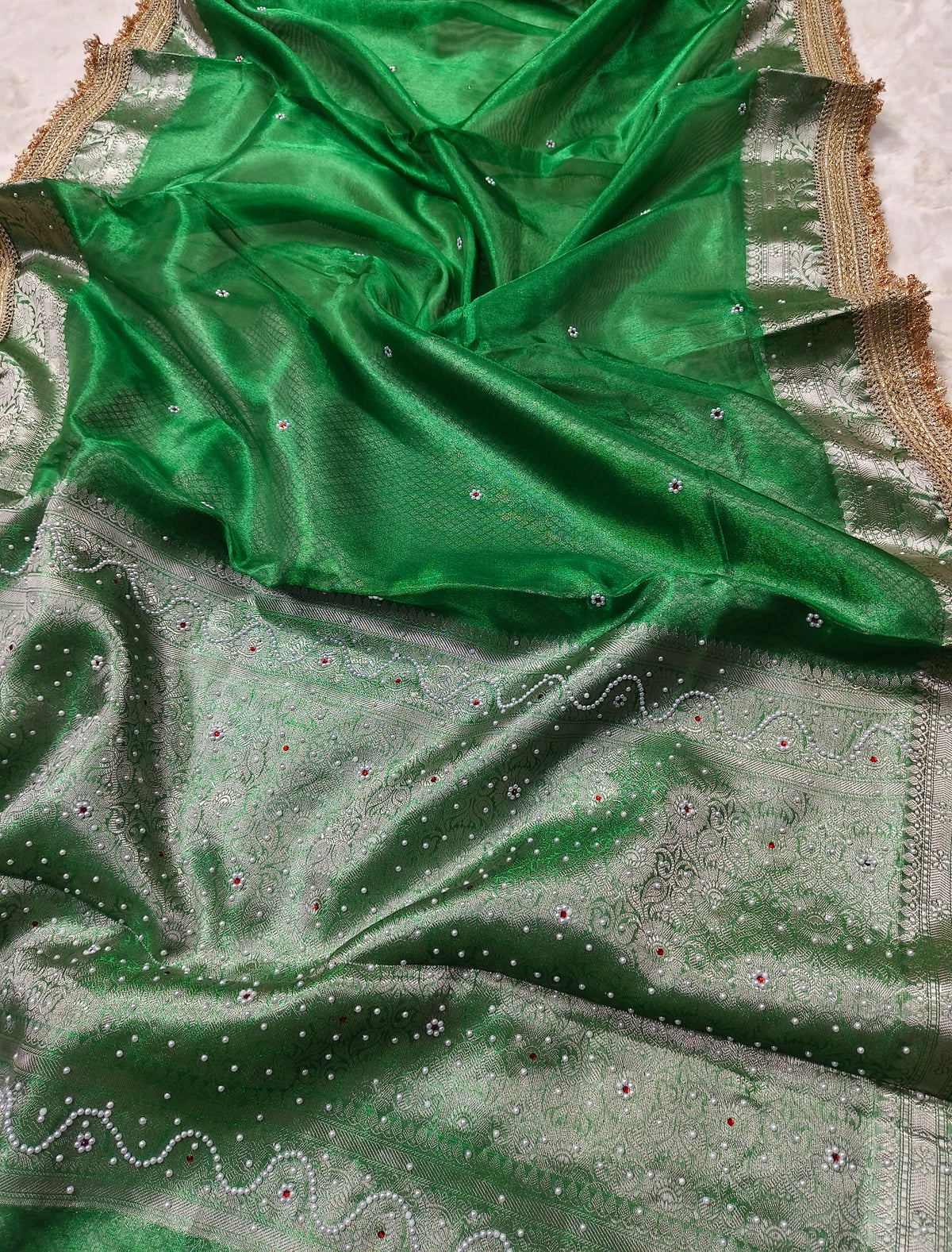 Jewel Green Motif Handwork Saree with Premium Lace Border