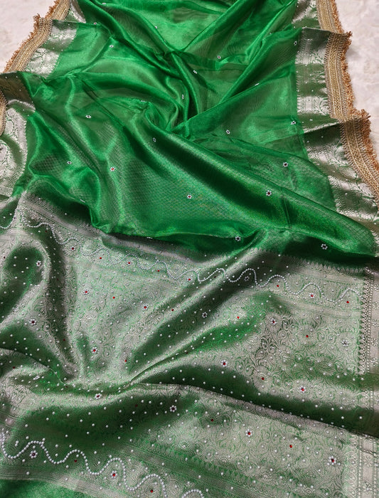 Jewel Green Motif Handwork Saree with Premium Lace Border