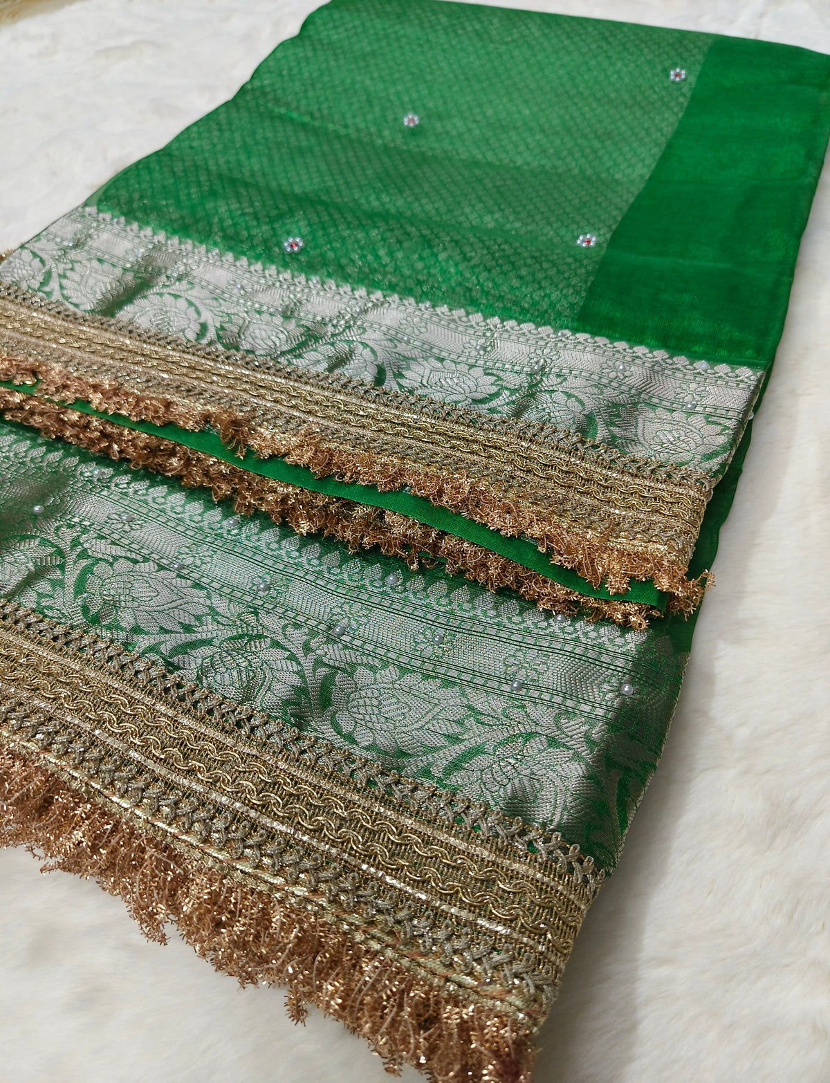 Jewel Green Motif Handwork Saree with Premium Lace Border