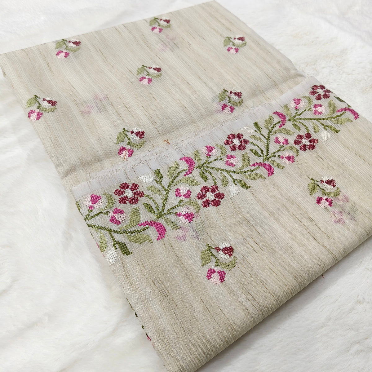 vory Garden Jute Kota Silk Saree with Handcrafted Multicolour Floral Embroidery