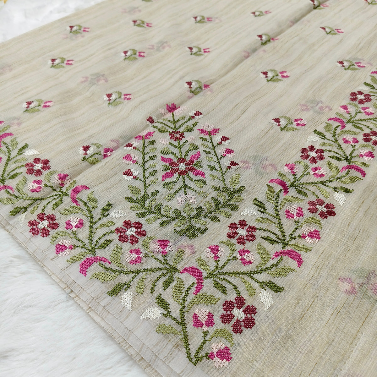 vory Garden Jute Kota Silk Saree with Handcrafted Multicolour Floral Embroidery