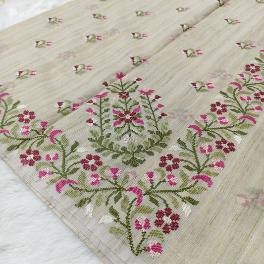 vory Garden Jute Kota Silk Saree with Handcrafted Multicolour Floral Embroidery