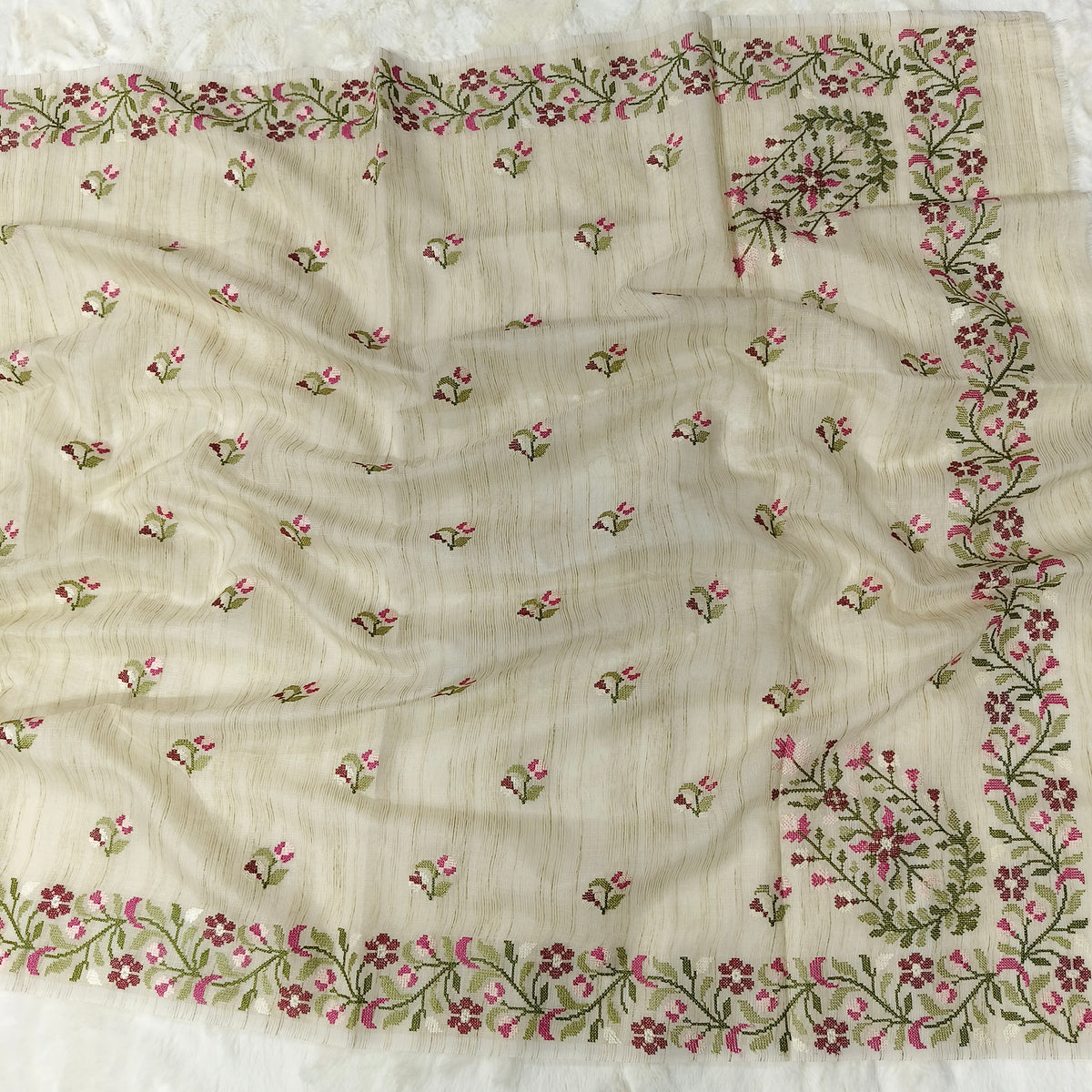 vory Garden Jute Kota Silk Saree with Handcrafted Multicolour Floral Embroidery
