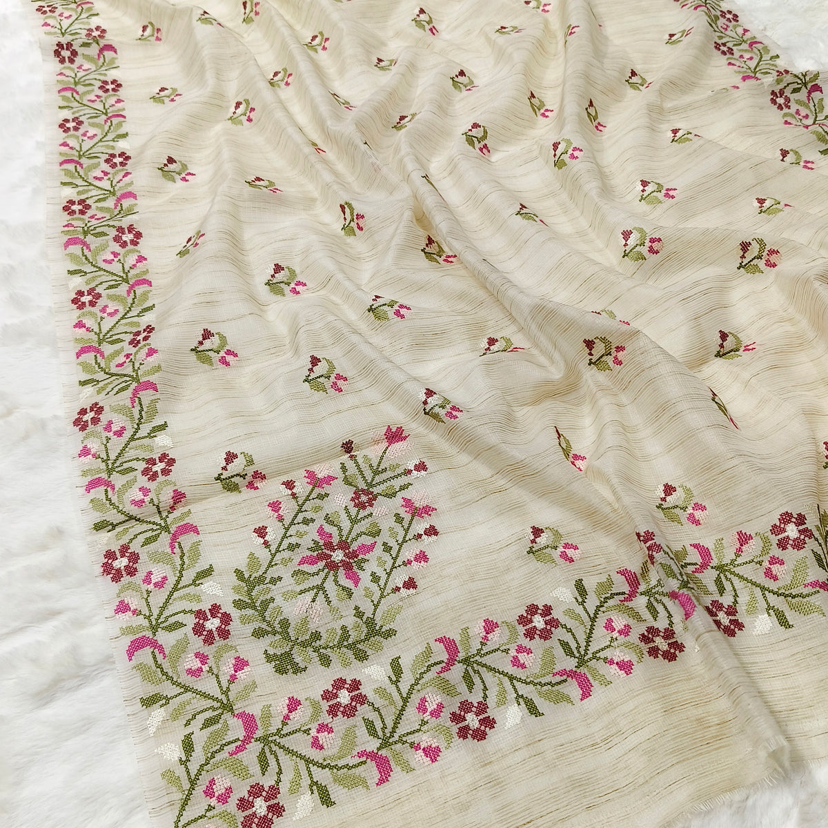 vory Garden Jute Kota Silk Saree with Handcrafted Multicolour Floral Embroidery