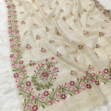 vory Garden Jute Kota Silk Saree with Handcrafted Multicolour Floral Embroidery