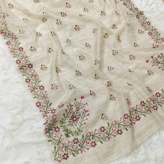 vory Garden Jute Kota Silk Saree with Handcrafted Multicolour Floral Embroidery