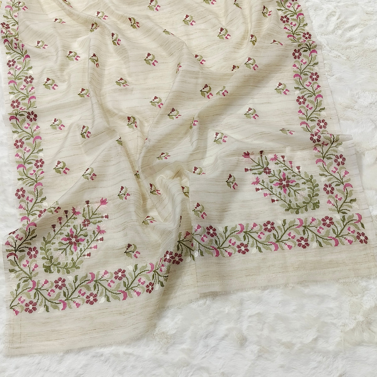 vory Garden Jute Kota Silk Saree with Handcrafted Multicolour Floral Embroidery