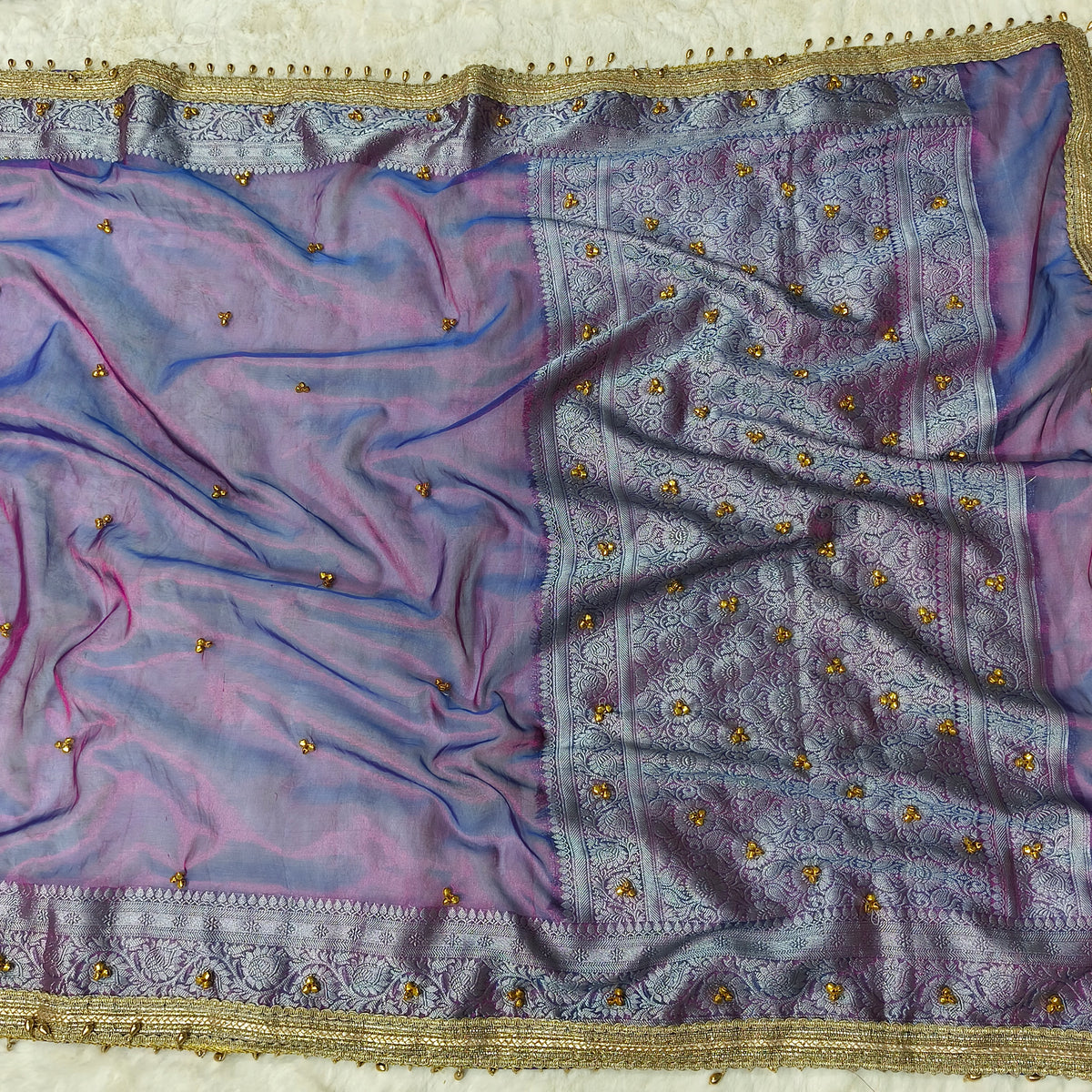 Baigani Purple Ghungroo Handmade Tissue Silk Saree