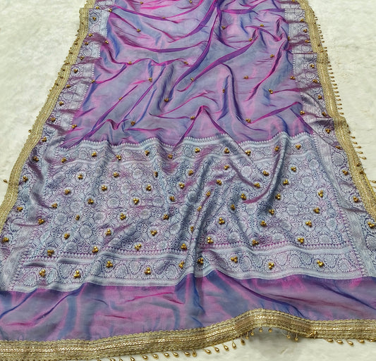 Baigani Purple Ghungroo Handmade Tissue Silk Saree