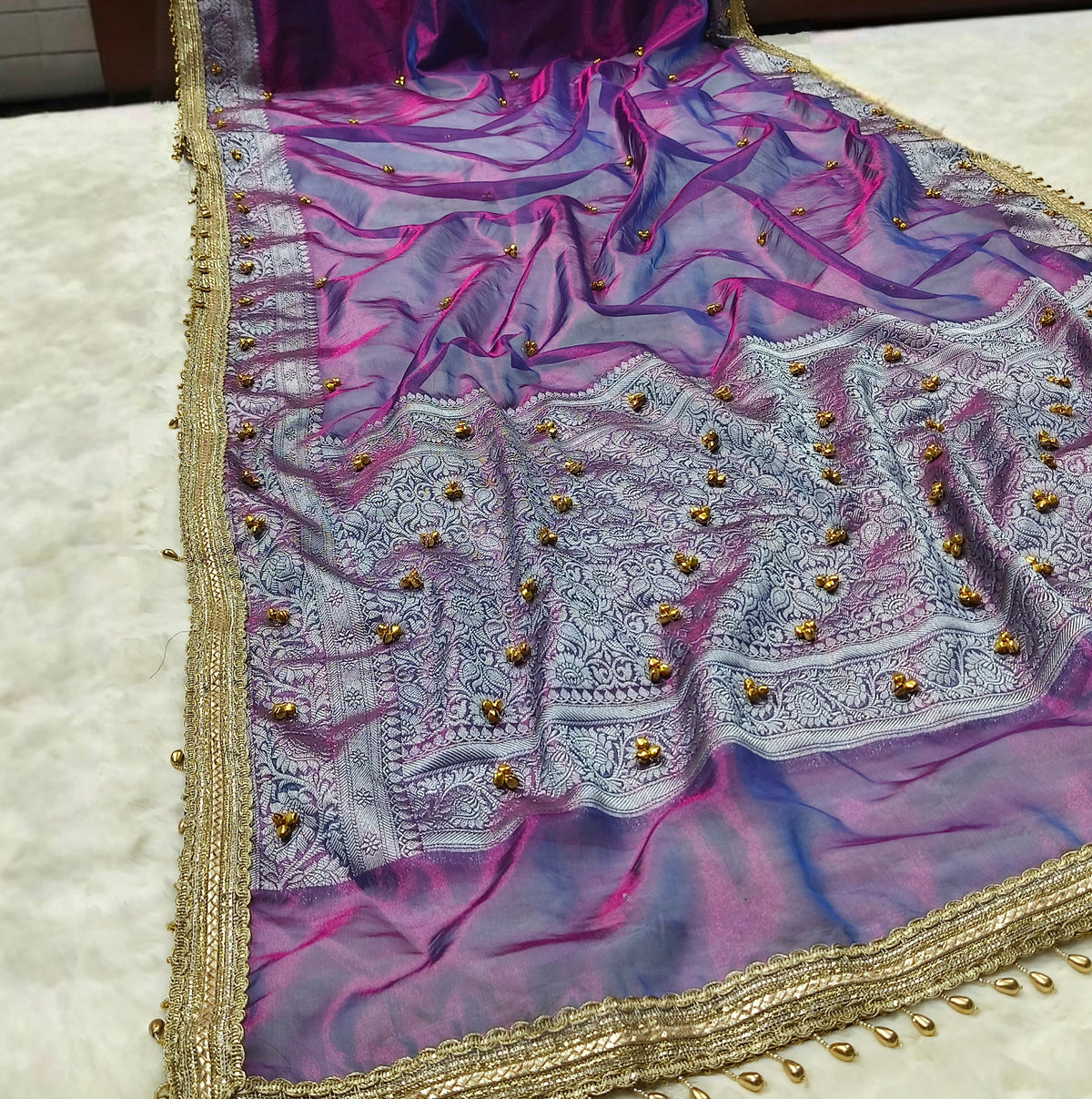 Baigani Purple Ghungroo Handmade Tissue Silk Saree