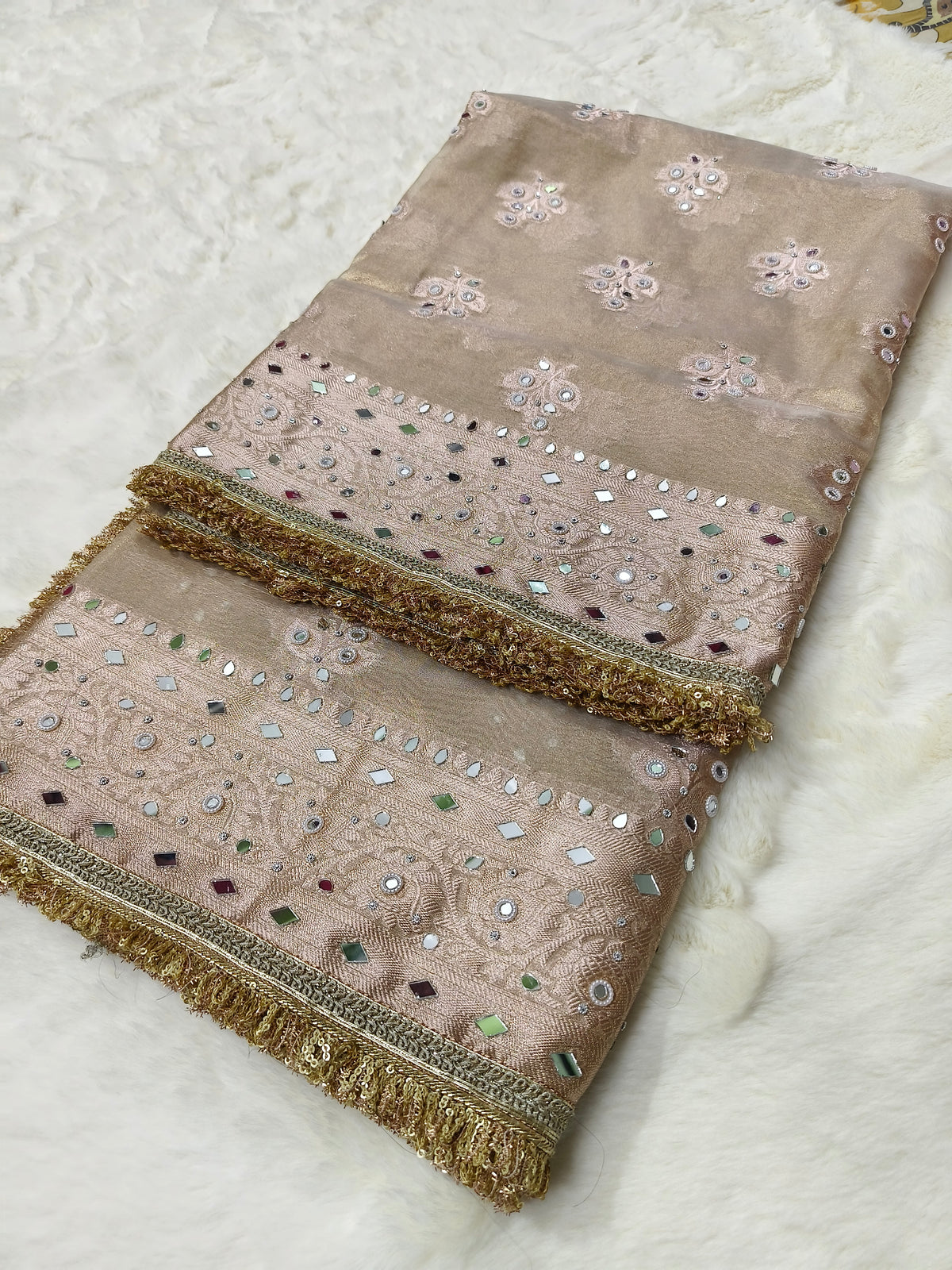 Elegant Beige Tissue Saree with Moti Mirrorwork & Premium Lace Border