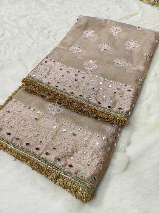 Elegant Beige Tissue Saree with Moti Mirrorwork & Premium Lace Border
