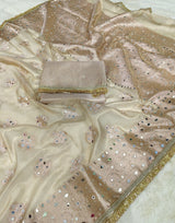 Elegant Beige Tissue Saree with Moti Mirrorwork & Premium Lace Border
