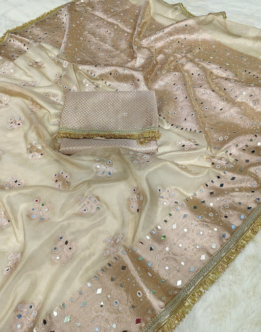 Elegant Beige Tissue Saree with Moti Mirrorwork & Premium Lace Border