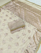 Elegant Beige Tissue Saree with Moti Mirrorwork & Premium Lace Border