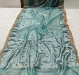 Aqua Blue Ghungroo Handmade Tissue Silk Saree