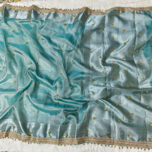 Aqua Blue Ghungroo Handmade Tissue Silk Saree