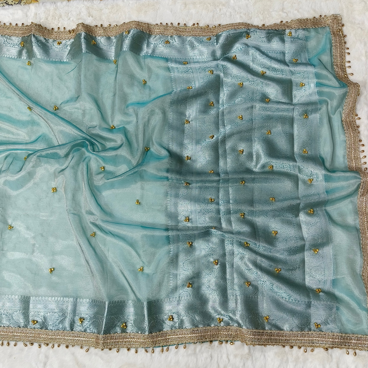 Aqua Blue Ghungroo Handmade Tissue Silk Saree