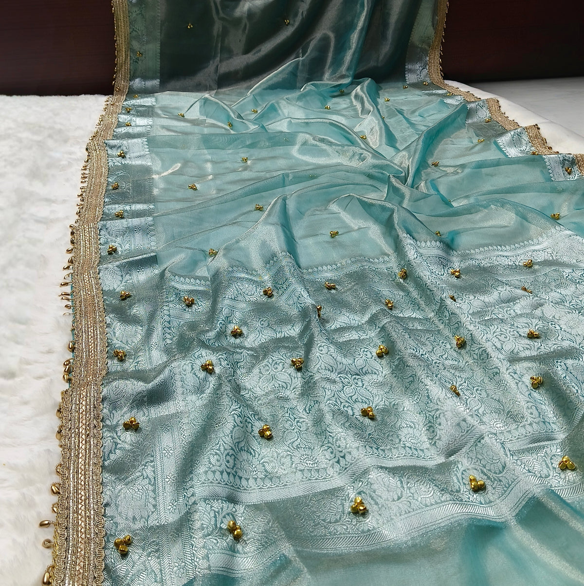Aqua Blue Ghungroo Handmade Tissue Silk Saree