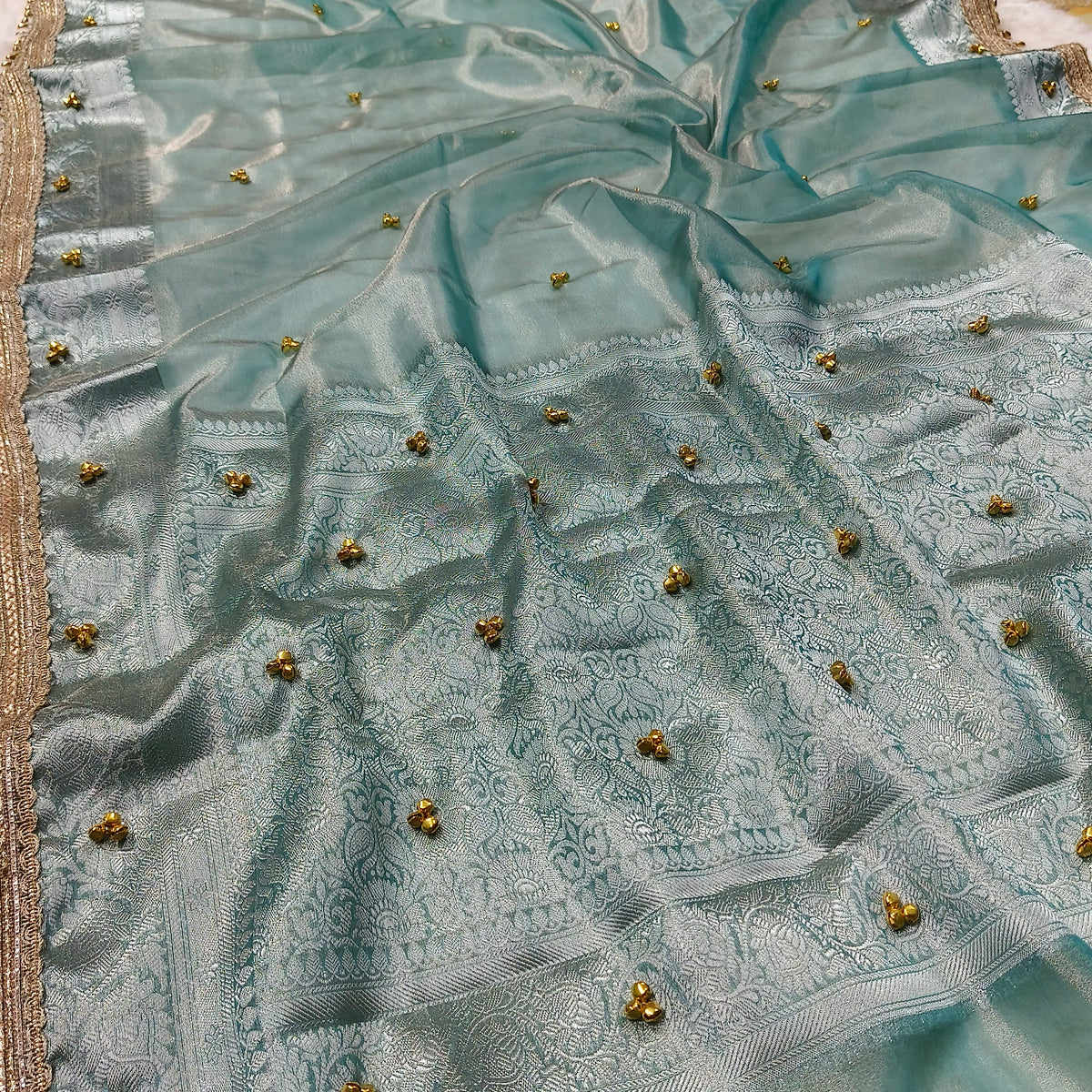 Aqua Blue Ghungroo Handmade Tissue Silk Saree