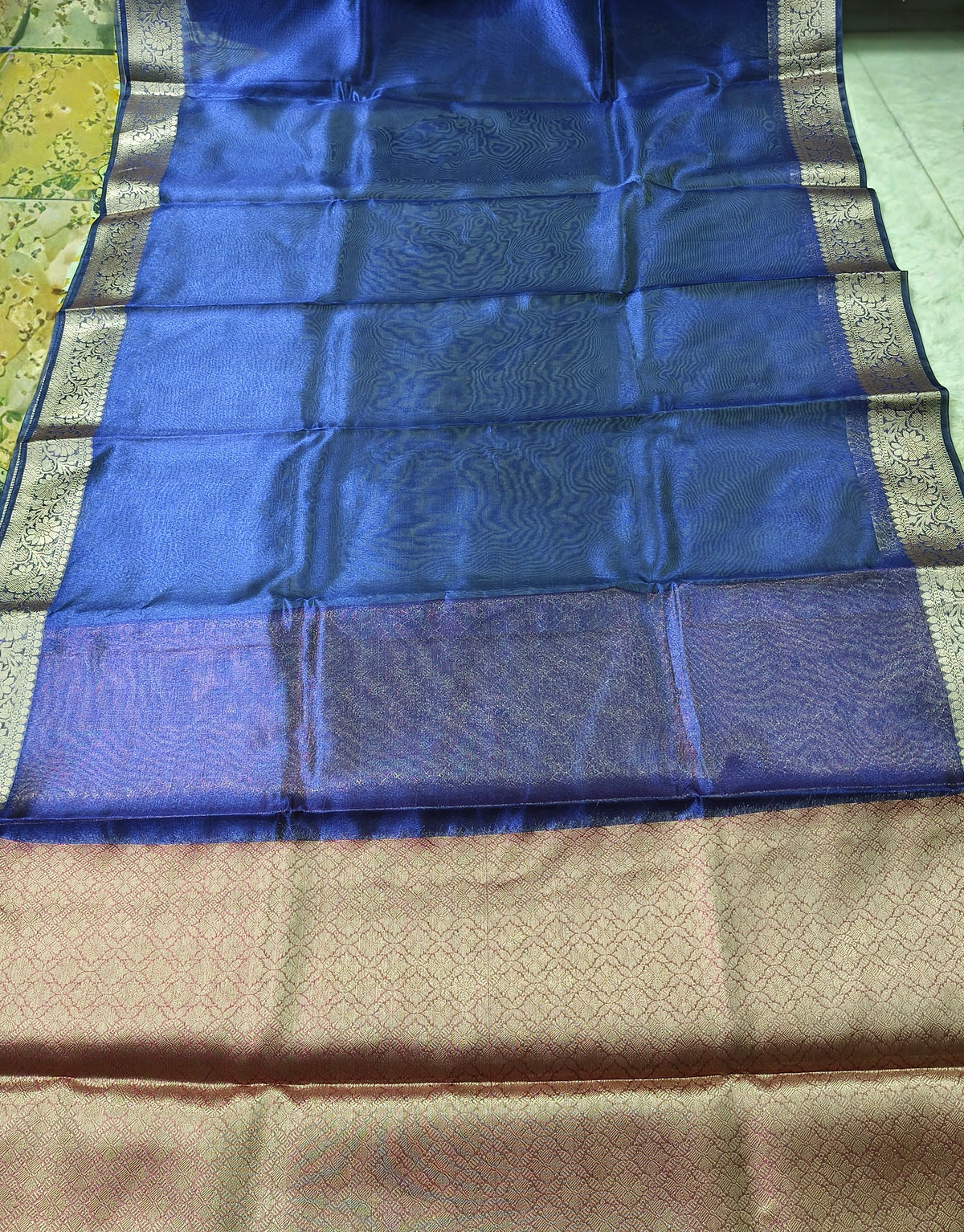 Dual-Tone Royal Sapphire Tissue Saree with Floral Zari Border 3. Shopify Product Description
