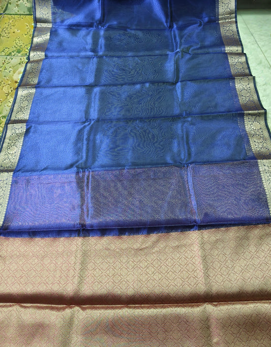 Dual-Tone Royal Sapphire Tissue Saree with Floral Zari Border 3. Shopify Product Description