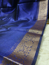 Dual-Tone Royal Sapphire Tissue Saree with Floral Zari Border 3. Shopify Product Description