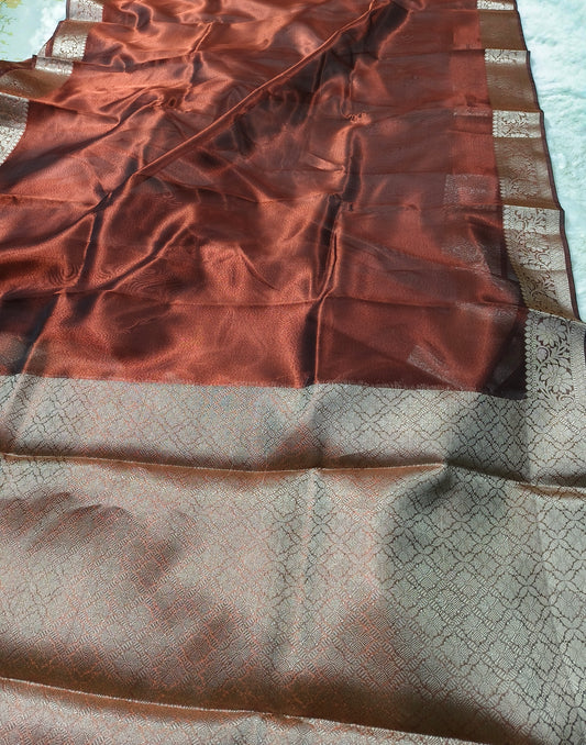 Dual-Tone Copper Rose Tissue Saree with Floral Zari Border