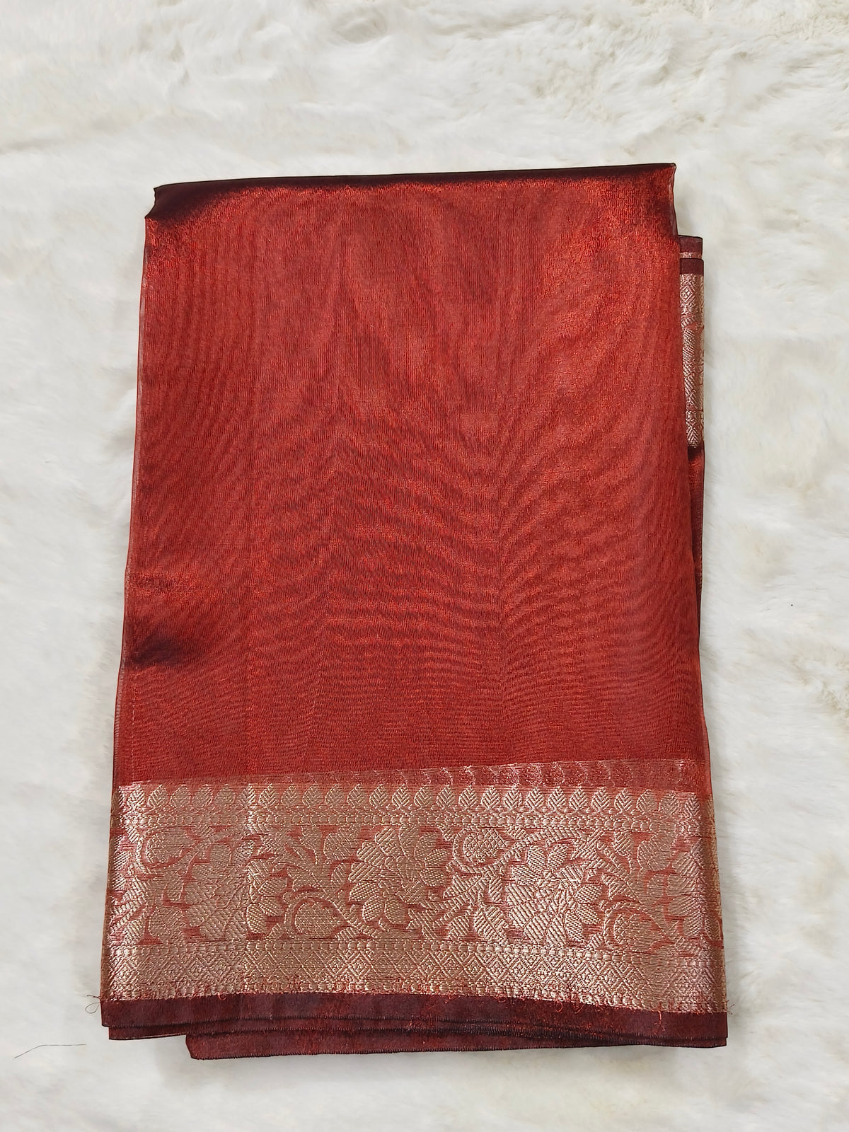 Dual-Tone Copper Rose Tissue Saree with Floral Zari Border