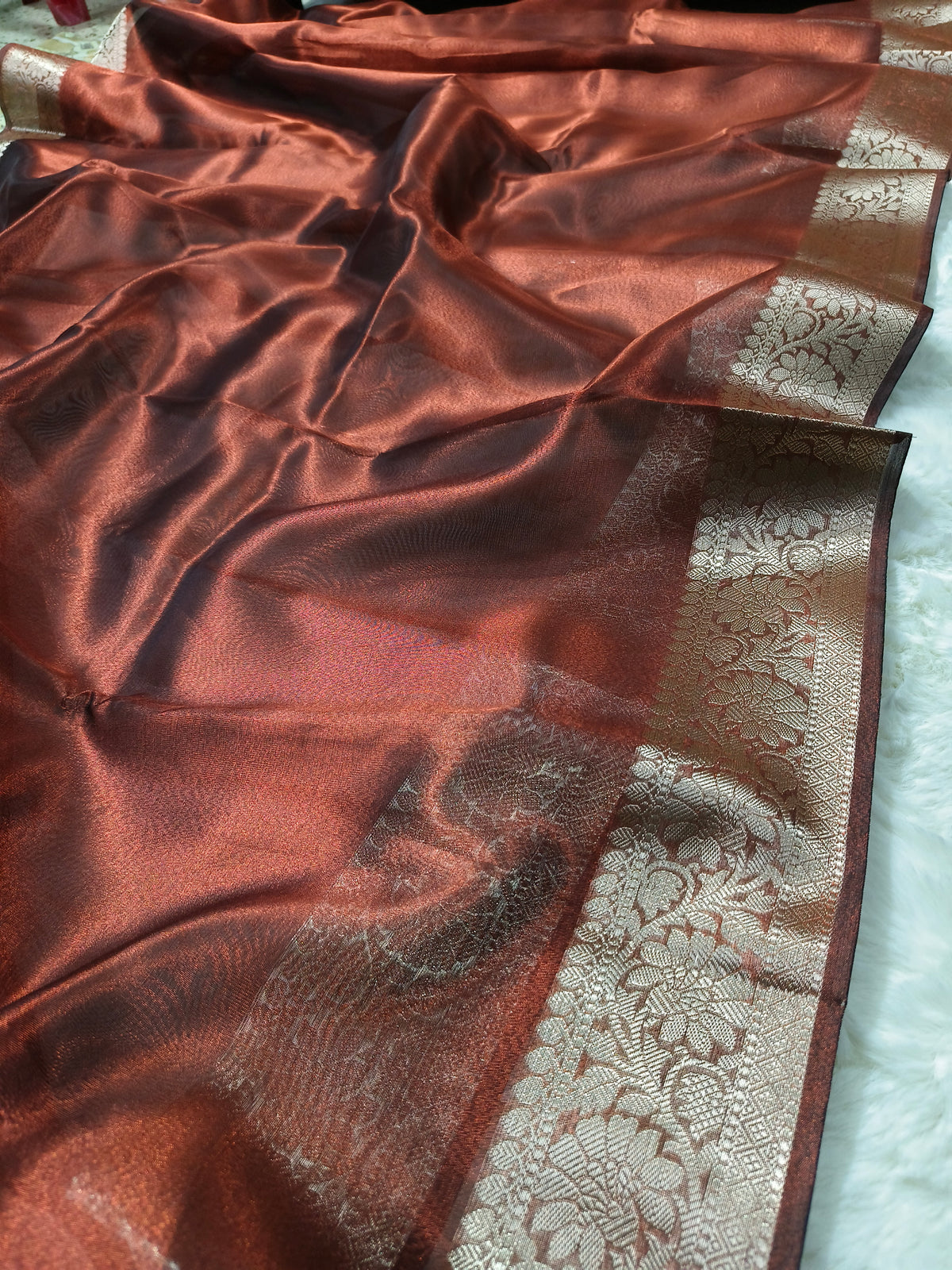 Dual-Tone Copper Rose Tissue Saree with Floral Zari Border