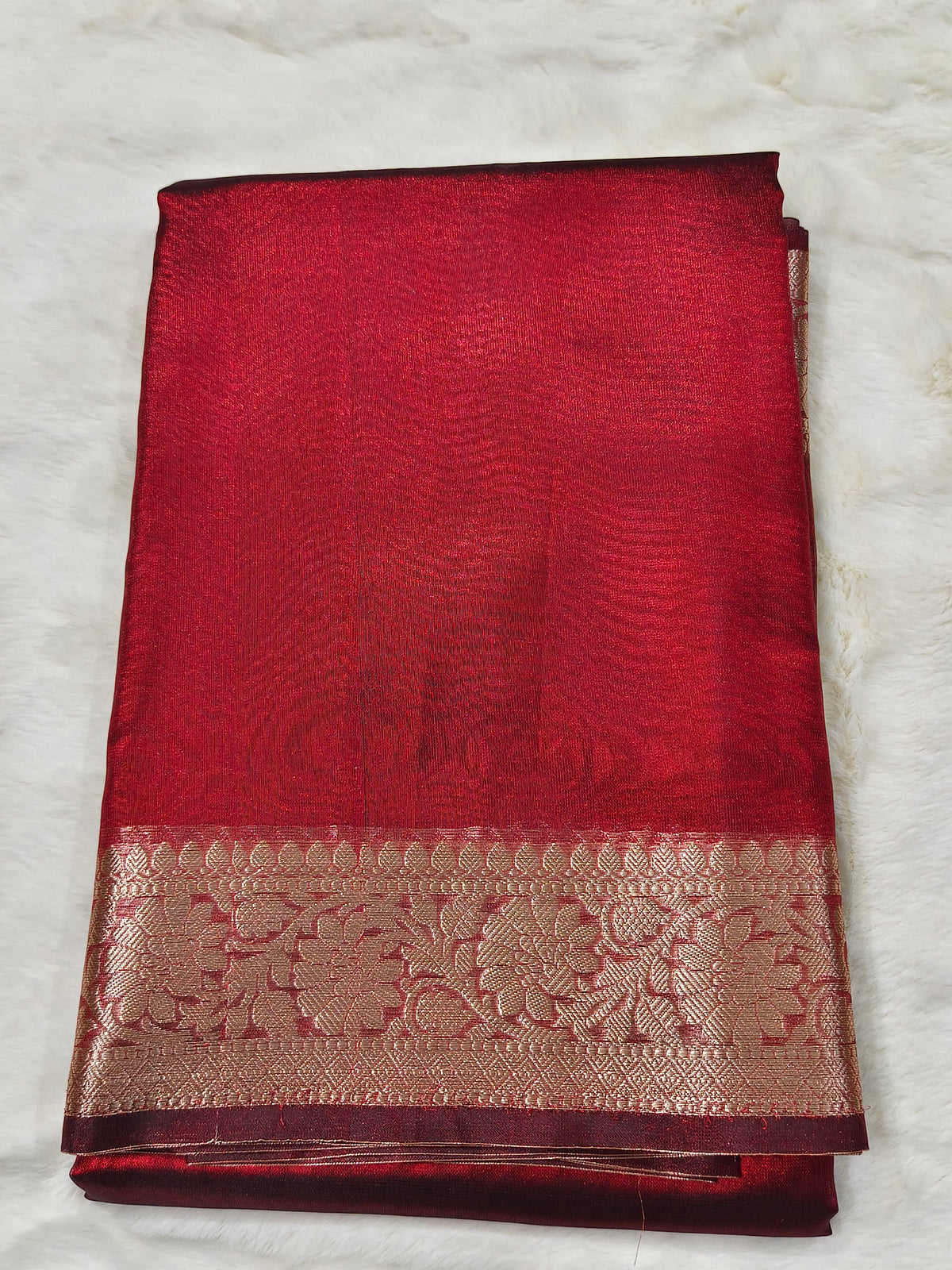 Dual-Tone Garnet Wine Tissue Saree with Floral Zari Border