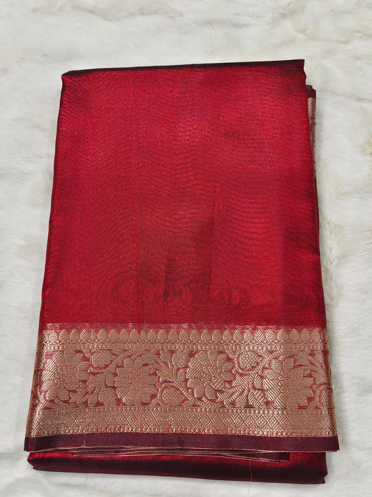 Dual-Tone Garnet Wine Tissue Saree with Floral Zari Border