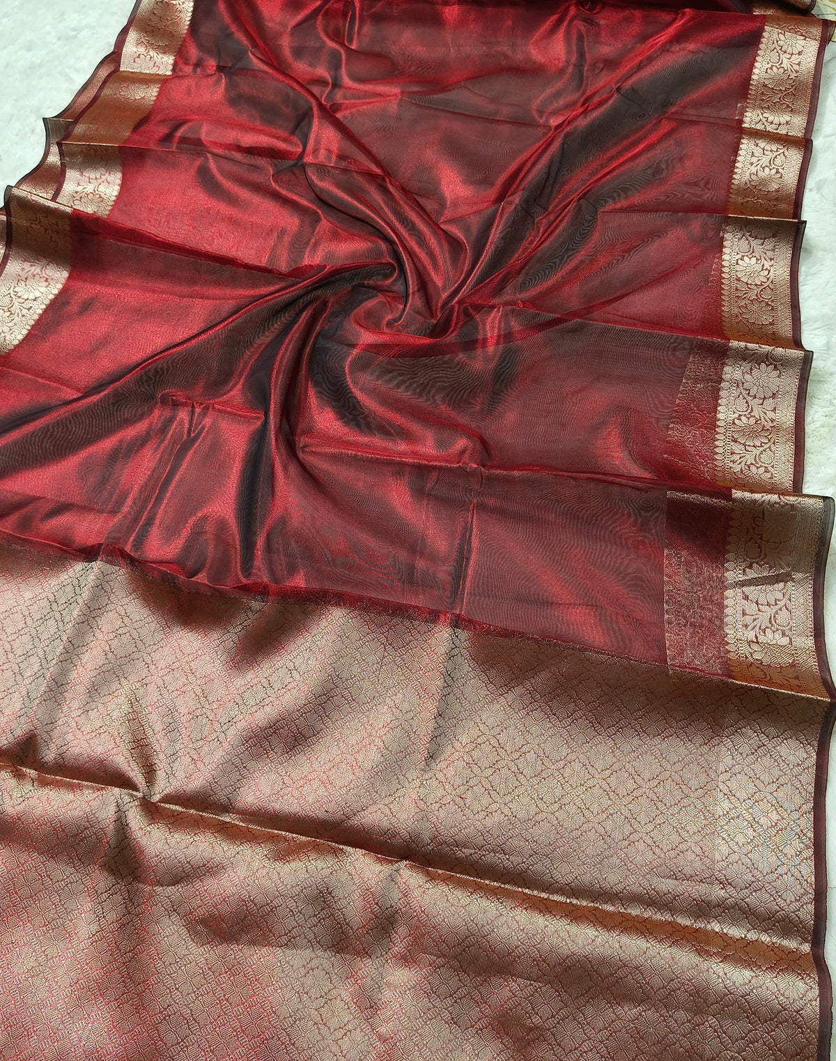 Dual-Tone Garnet Wine Tissue Saree with Floral Zari Border