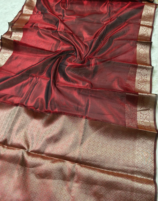 Dual-Tone Garnet Wine Tissue Saree with Floral Zari Border