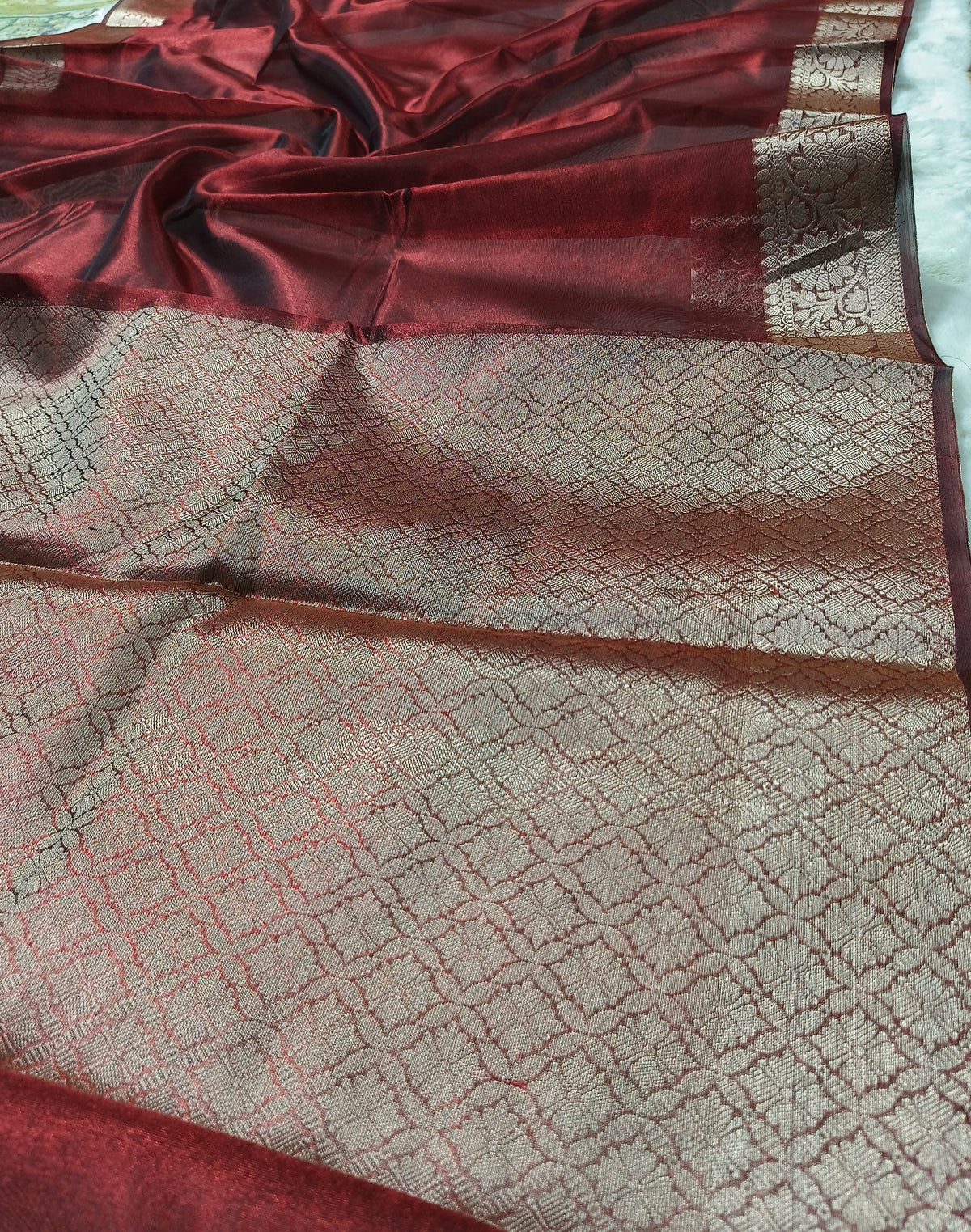 Dual-Tone Garnet Wine Tissue Saree with Floral Zari Border