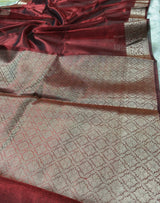 Dual-Tone Garnet Wine Tissue Saree with Floral Zari Border
