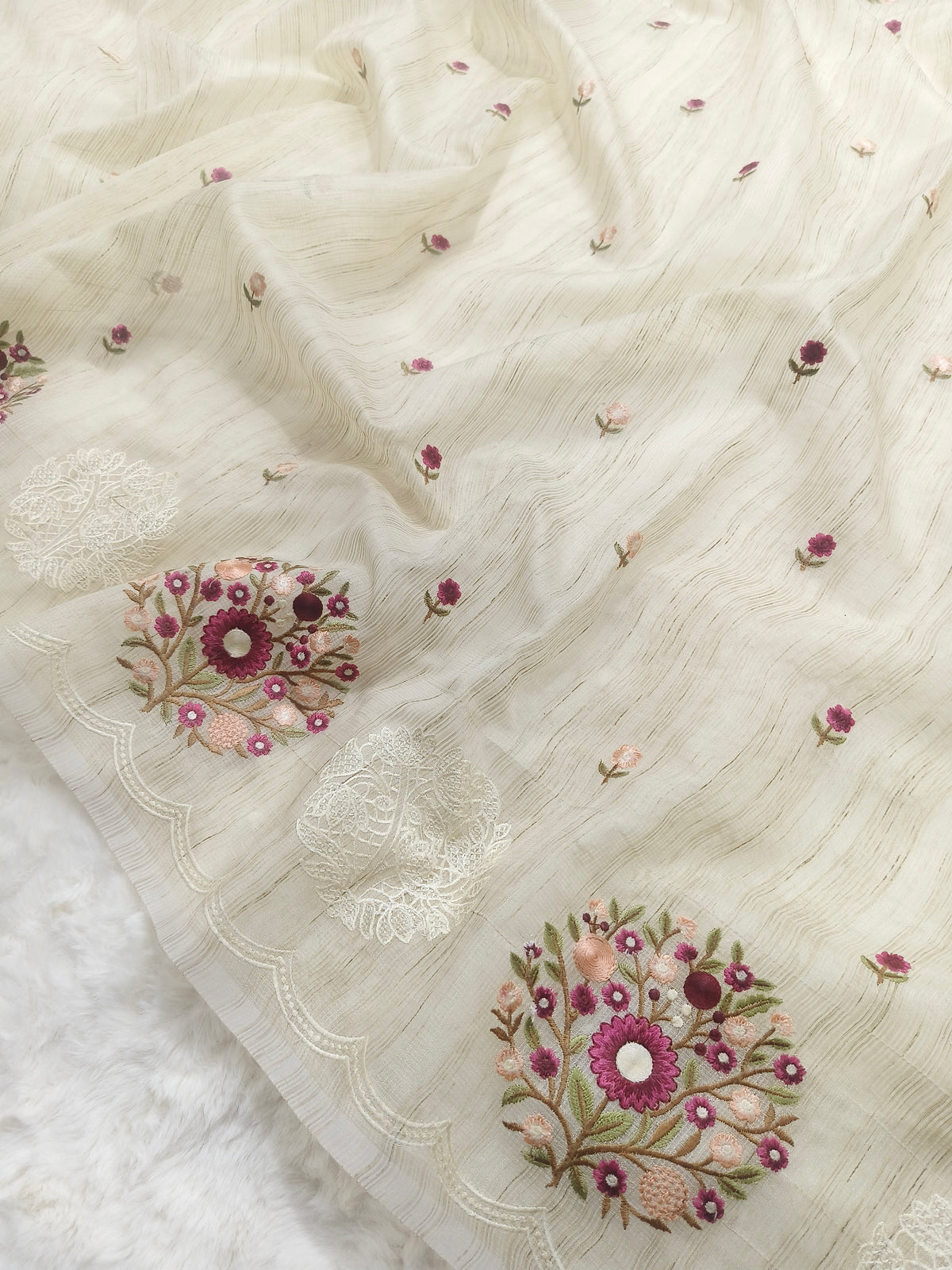 Ivory Rose Jute Kota Silk Saree with Handcrafted Floral Embroidery