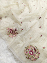 Ivory Rose Jute Kota Silk Saree with Handcrafted Floral Embroidery
